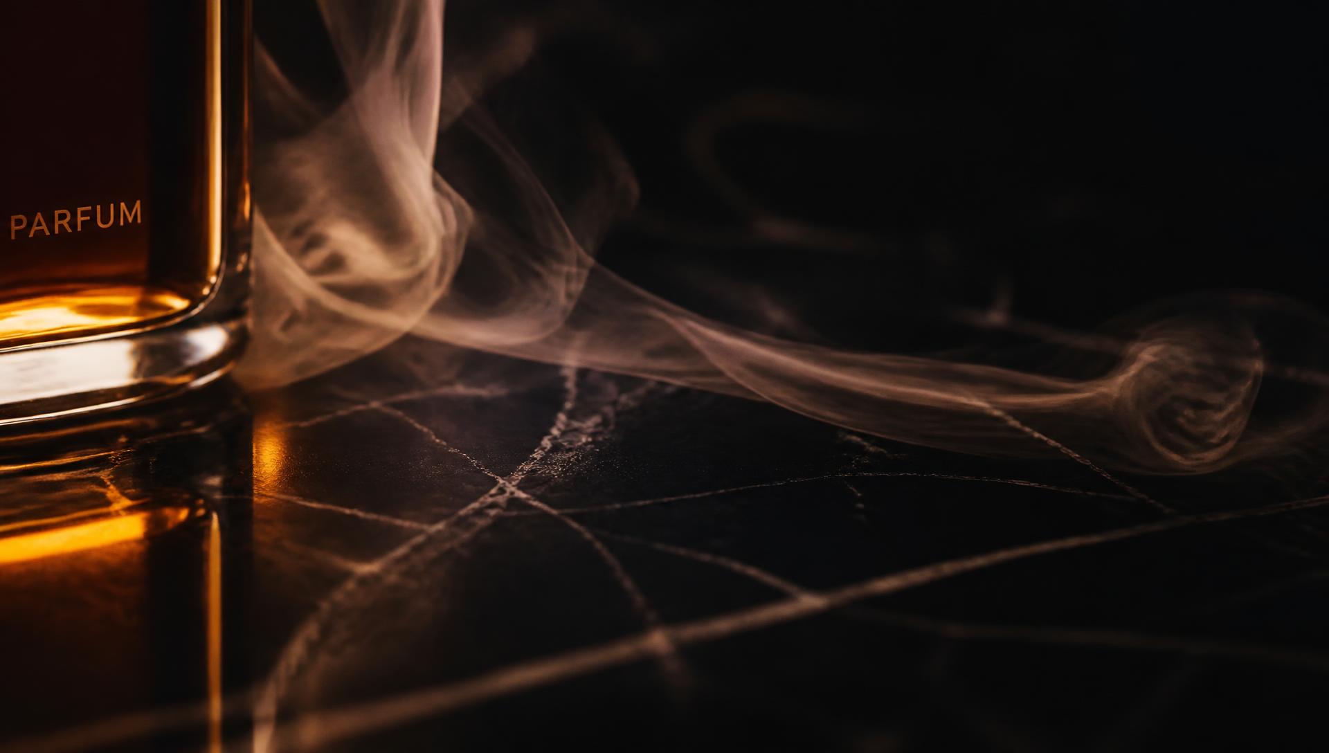 Amber fragrance and soft smoke drifting across dark marble